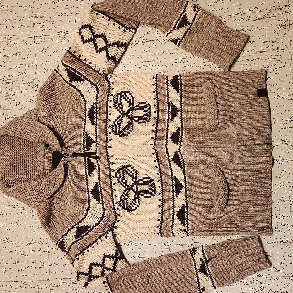 TNA Knit Lambswool Full Zip Collar Sweater Brown And Cream